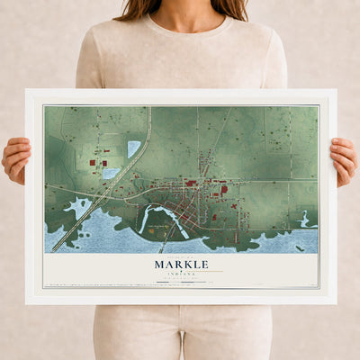 Map of Markle, Indiana, 12 x 18 inch print in a white wood frame