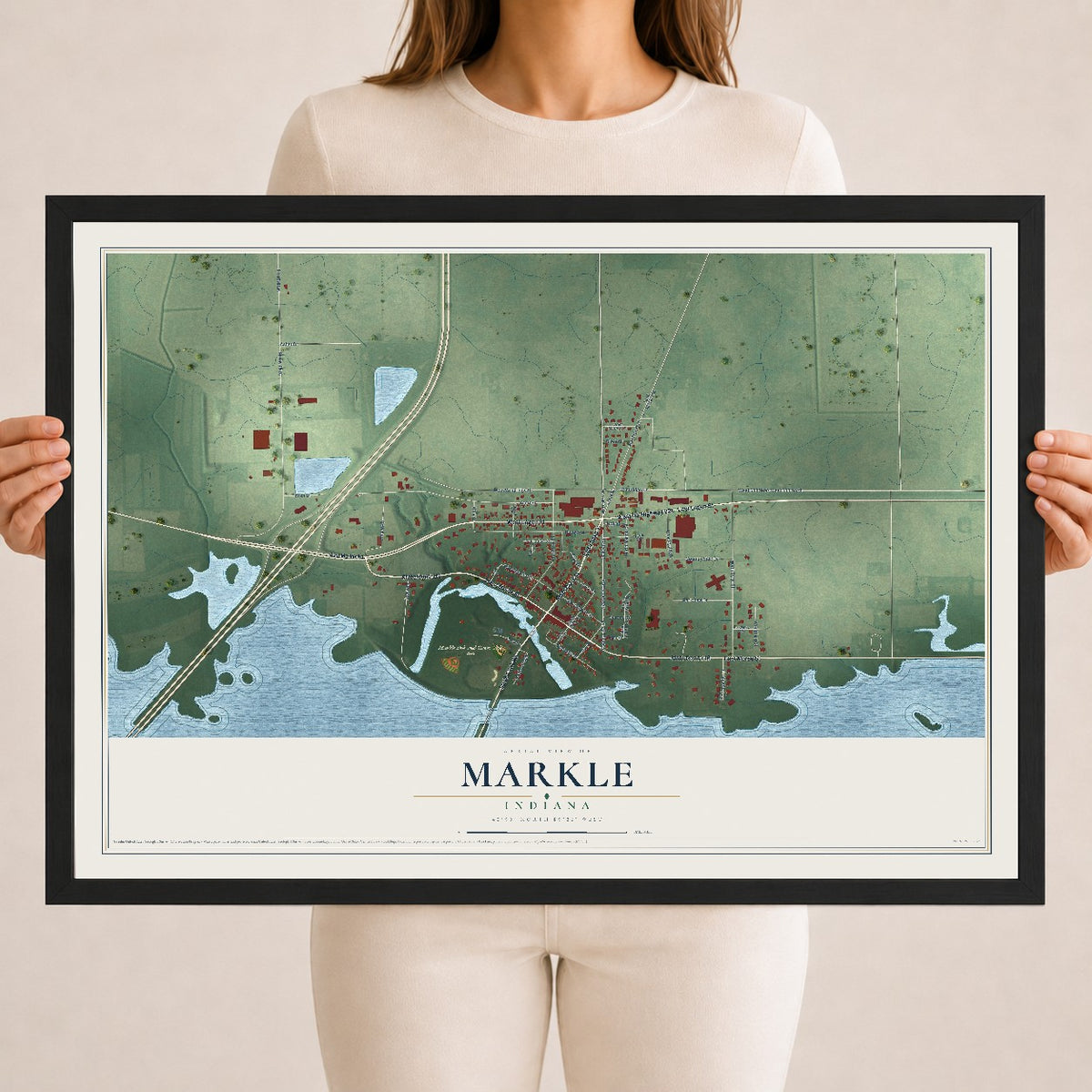 Map of Markle, Indiana, 18 x 24 inch print in a black wood frame