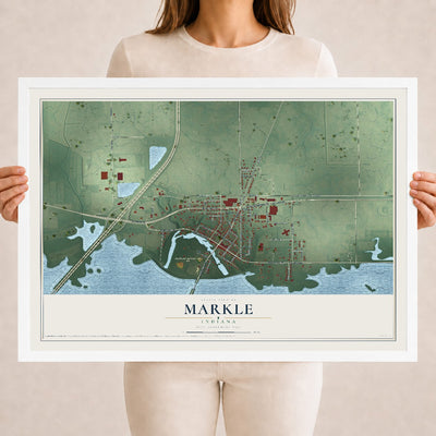 Map of Markle, Indiana, 18 x 24 inch print in a white wood frame