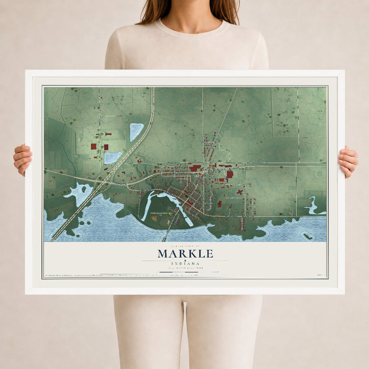 Map of Markle, Indiana, 24 x 36 inch print in a white wood frame