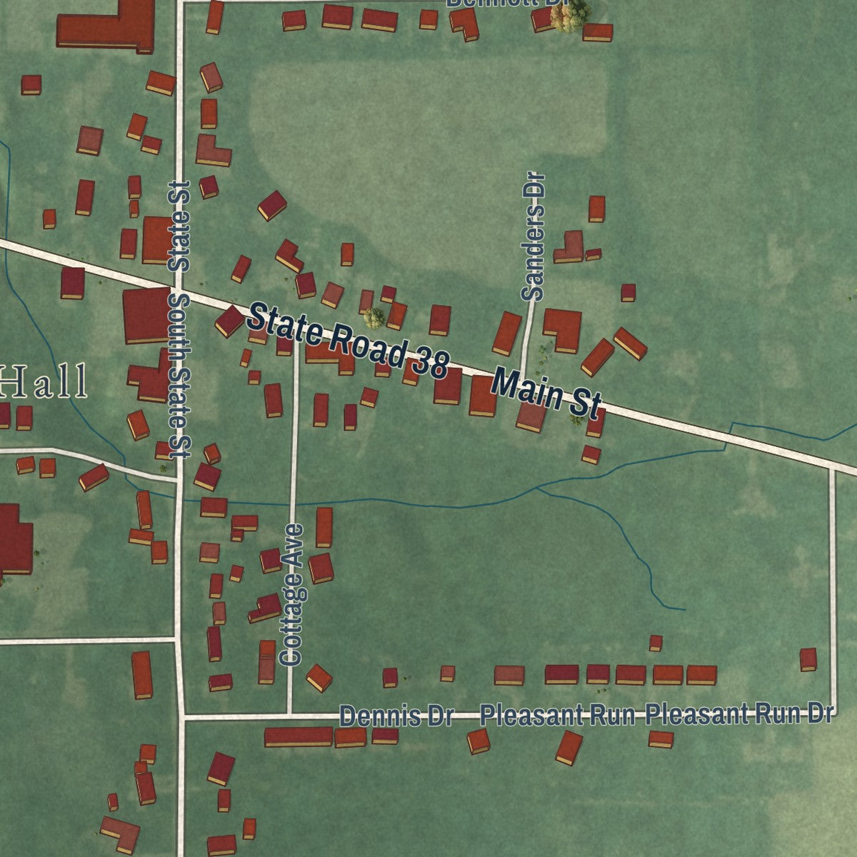 Close-up of the map of Markleville, Indiana print showing street and building detail