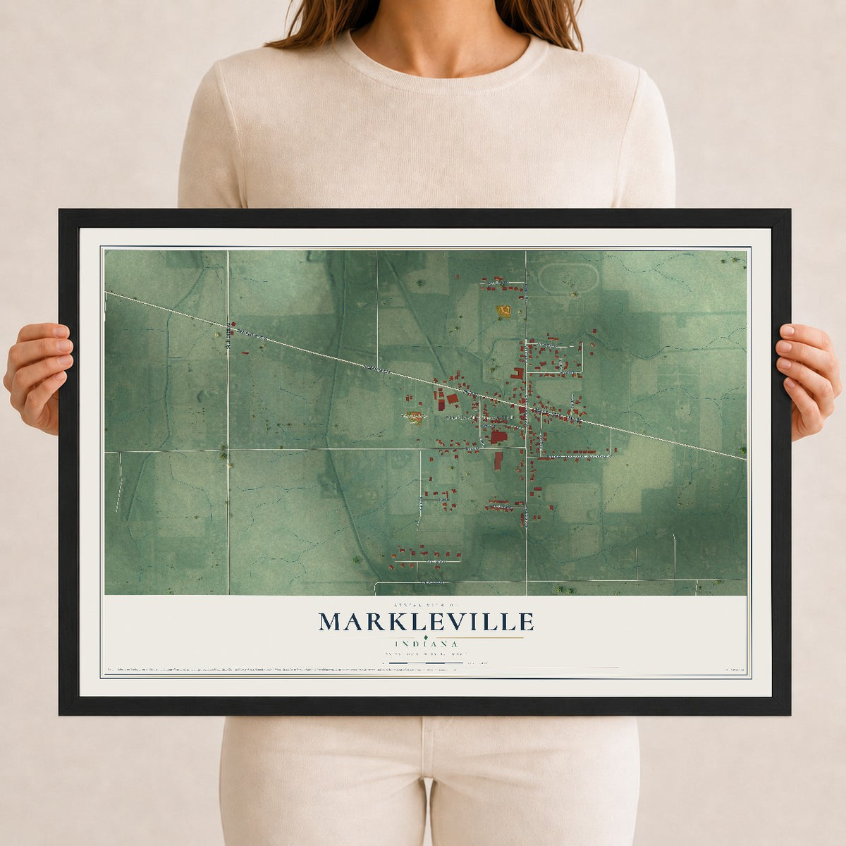 Map of Markleville, Indiana, 12 x 18 inch print in a black wood frame