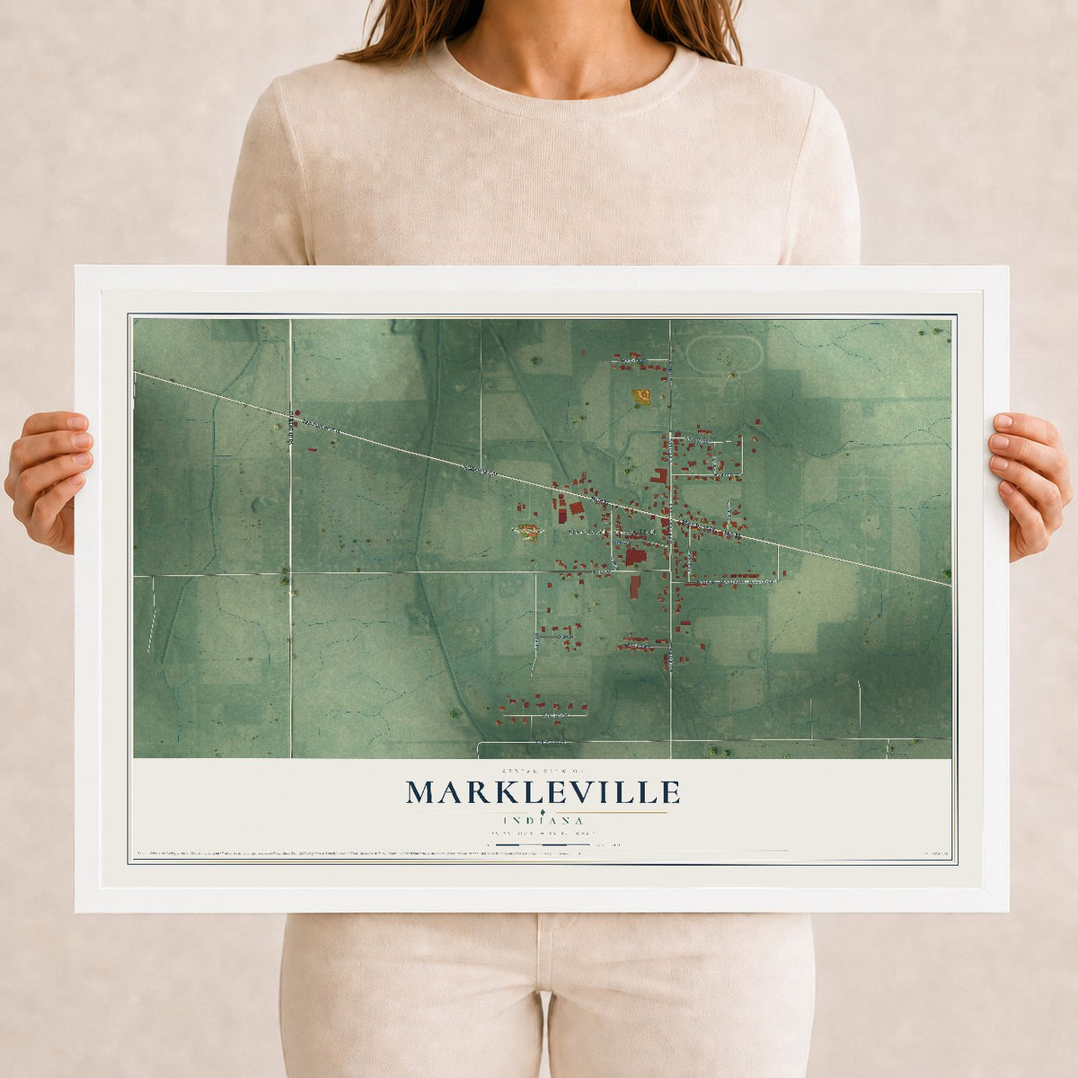 Map of Markleville, Indiana, 12 x 18 inch print in a white wood frame
