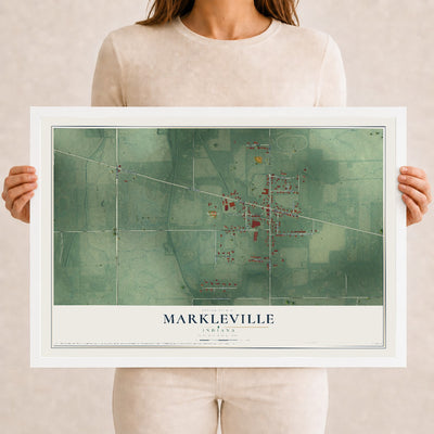 Map of Markleville, Indiana, 12 x 18 inch print in a white wood frame