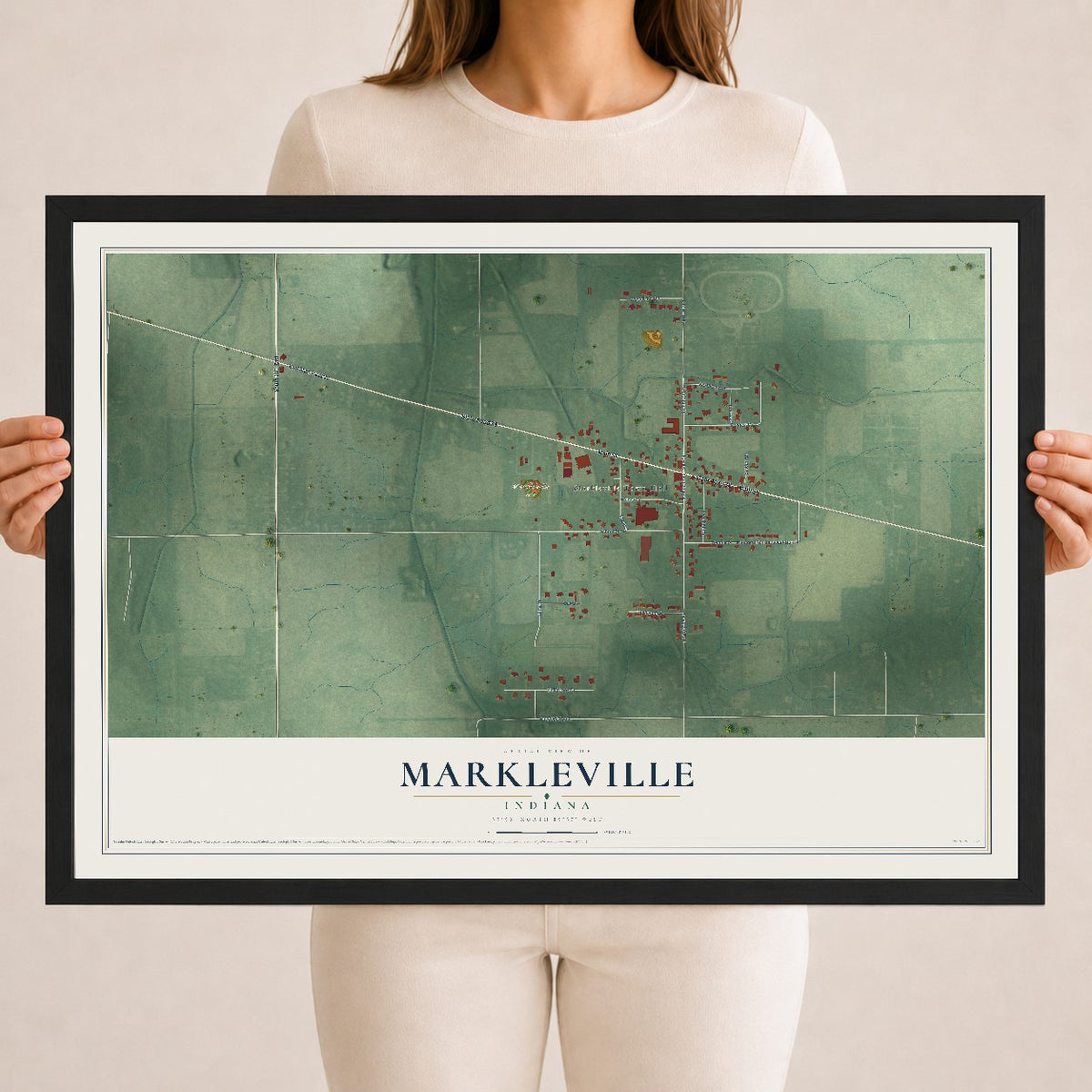 Map of Markleville, Indiana, 18 x 24 inch print in a black wood frame