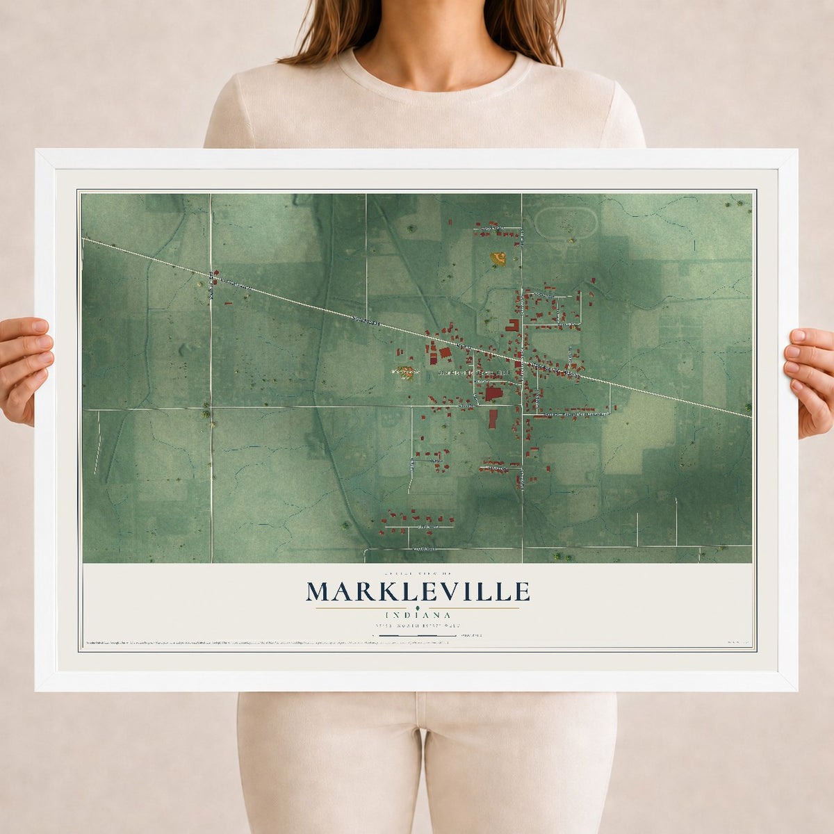 Map of Markleville, Indiana, 18 x 24 inch print in a white wood frame