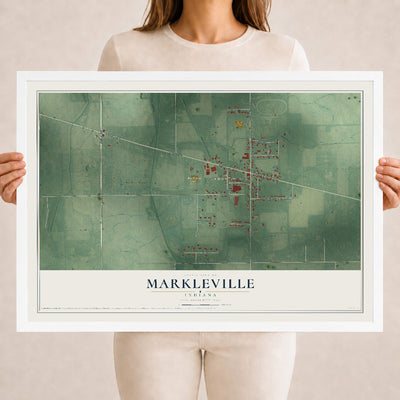 Map of Markleville, Indiana, 18 x 24 inch print in a white wood frame