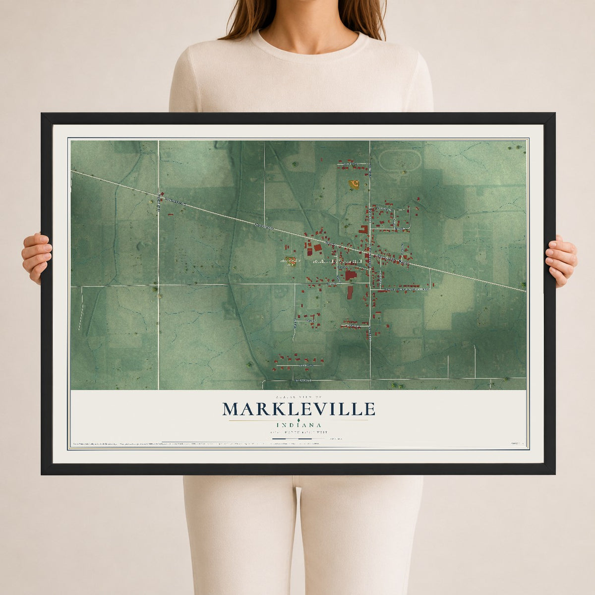 Map of Markleville, Indiana, 24 x 36 inch print in a black wood frame