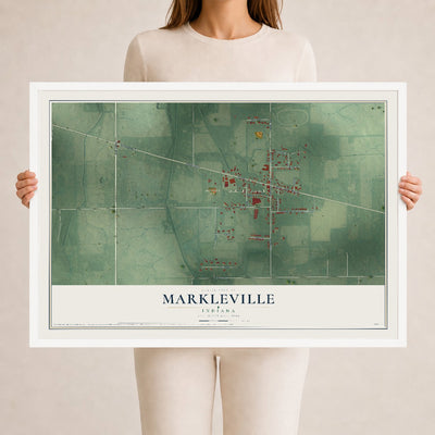 Map of Markleville, Indiana, 24 x 36 inch print in a white wood frame