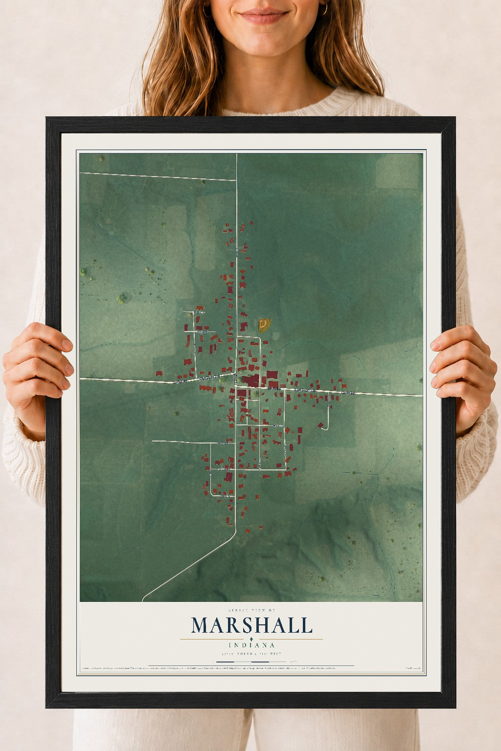 Map of Marshall, Indiana, 18 x 24 inch print in a black wood frame