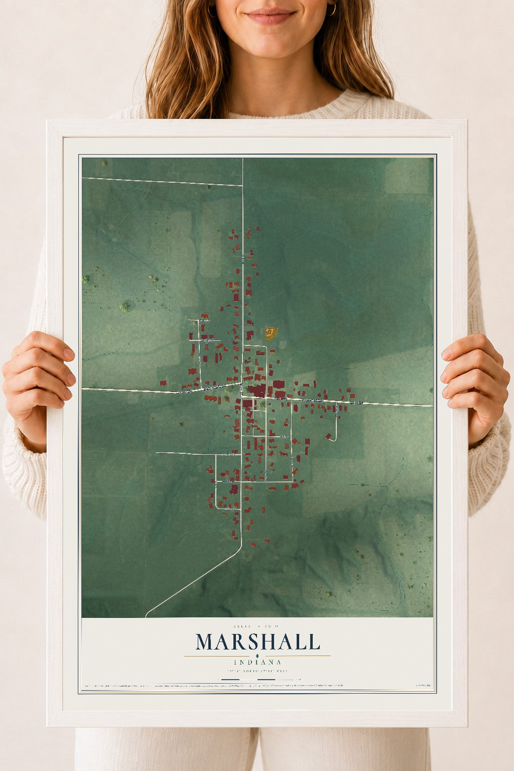 Map of Marshall, Indiana, 18 x 24 inch print in a white wood frame