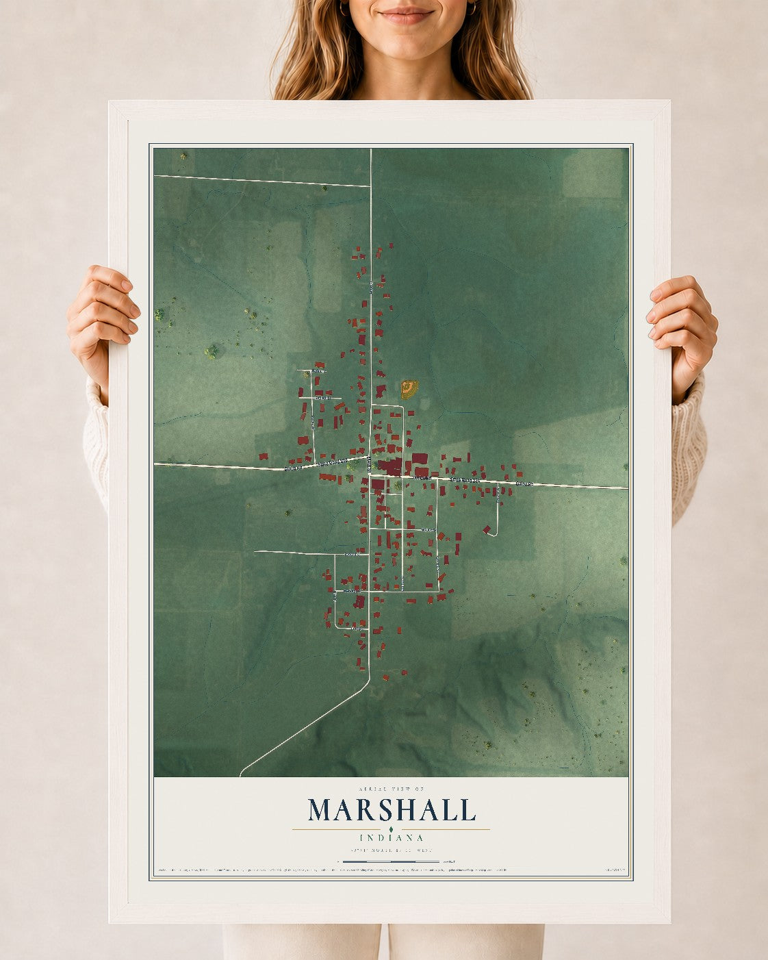 Map of Marshall, Indiana, 24 x 36 inch print in a white wood frame