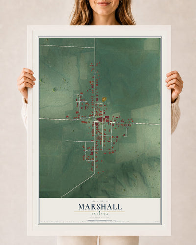 Map of Marshall, Indiana, 24 x 36 inch print in a white wood frame