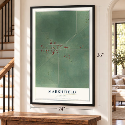 Marshfield, Indiana map, 24 x 36 inch print in a black frame by a staircase