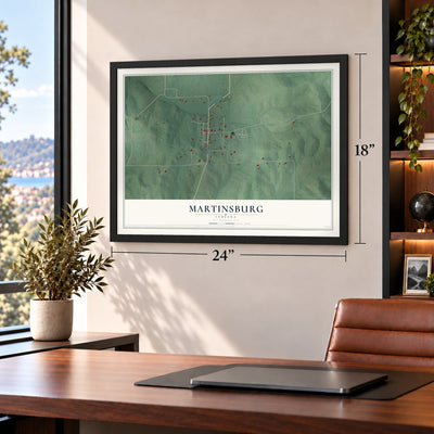 Martinsburg, Indiana map, 18 x 24 inch print in a black frame in a home office