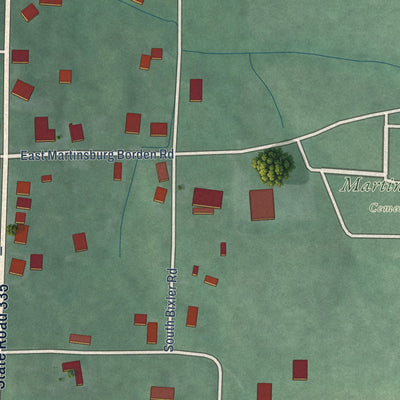 Close-up of the map of Martinsburg, Indiana print showing street and building detail