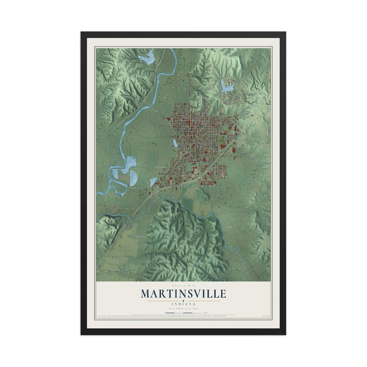 Map of Martinsville, Indiana, 12 x 18 inch print in a black wood frame