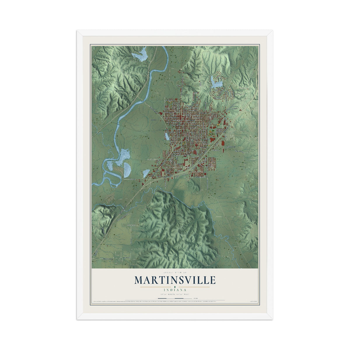 Map of Martinsville, Indiana, 12 x 18 inch print in a white wood frame