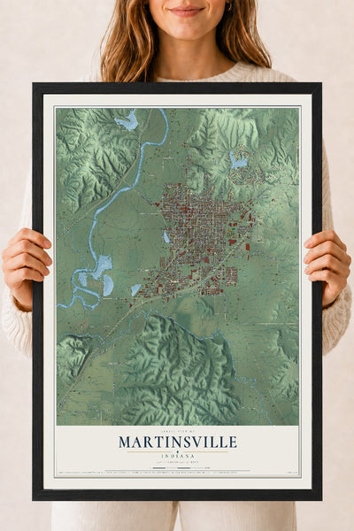 Map of Martinsville, Indiana, 18 x 24 inch print in a black wood frame