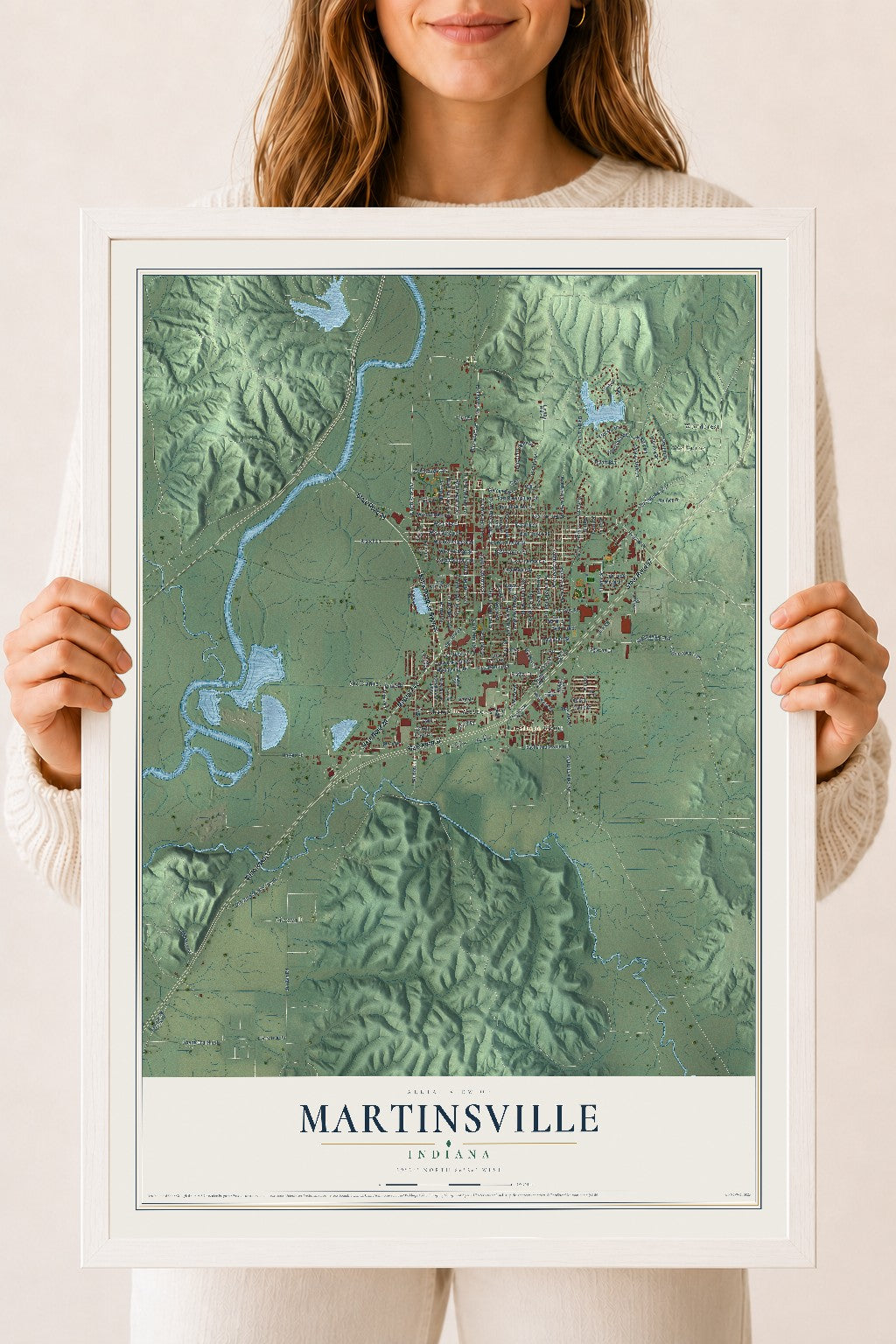Map of Martinsville, Indiana, 18 x 24 inch print in a white wood frame