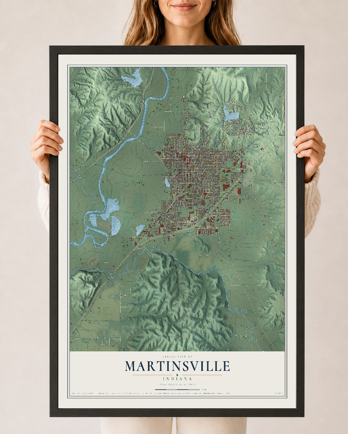 Map of Martinsville, Indiana, 24 x 36 inch print in a black wood frame