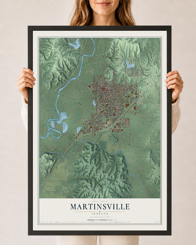 Map of Martinsville, Indiana, 24 x 36 inch print in a black wood frame