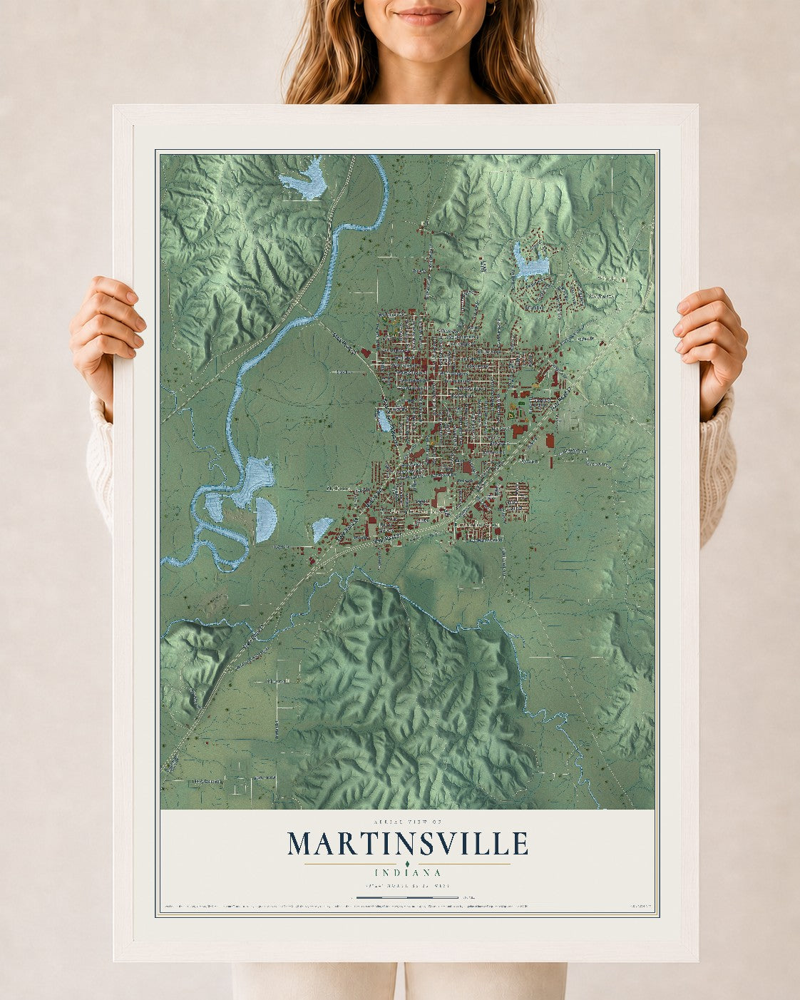 Map of Martinsville, Indiana, 24 x 36 inch print in a white wood frame