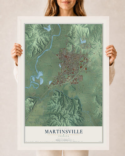 Map of Martinsville, Indiana, 24 x 36 inch print in a white wood frame