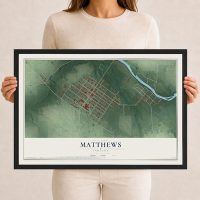 Map of Matthews, Indiana, 12 x 18 inch print in a black wood frame