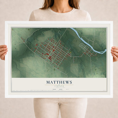 Map of Matthews, Indiana, 18 x 24 inch print in a white wood frame