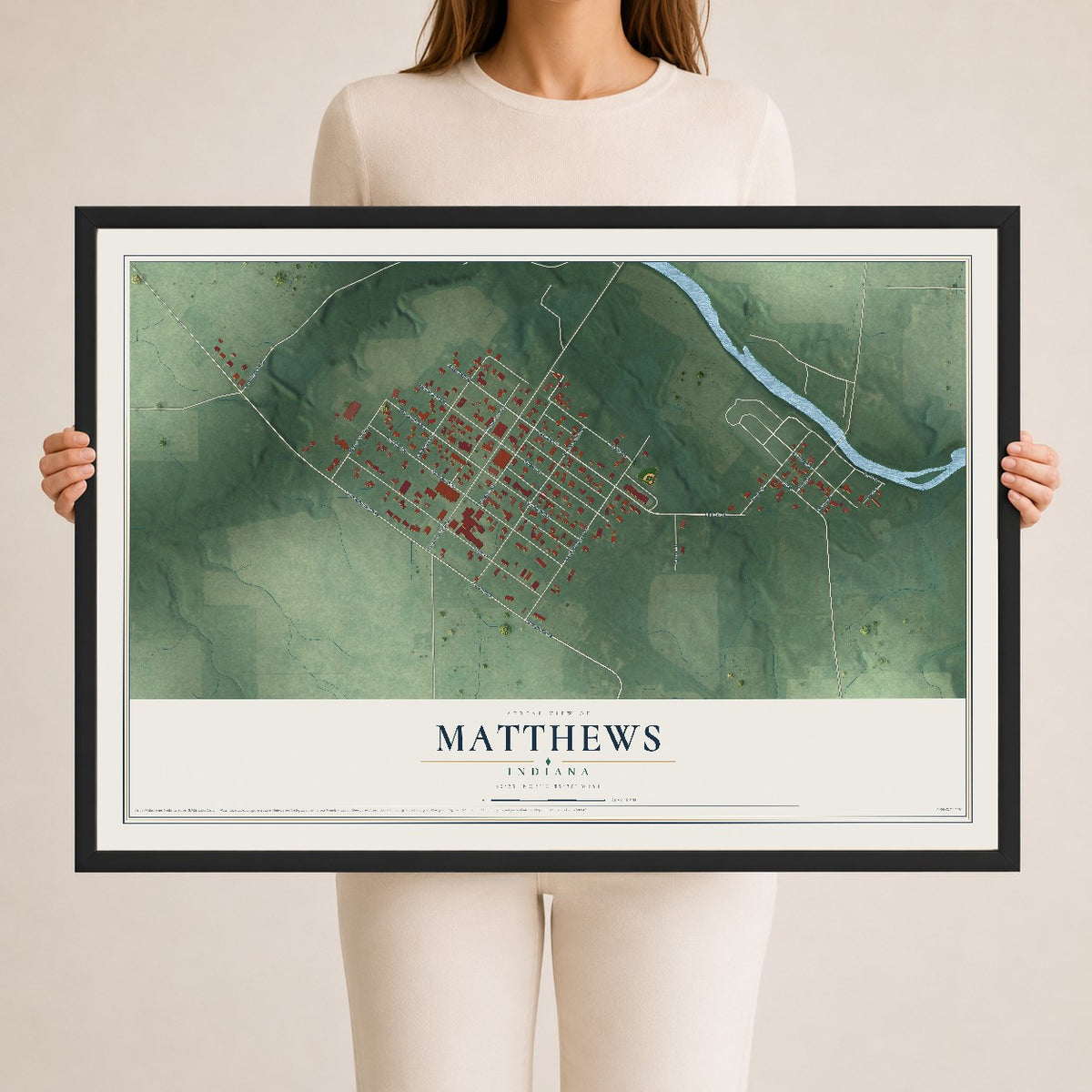 Map of Matthews, Indiana, 24 x 36 inch print in a black wood frame