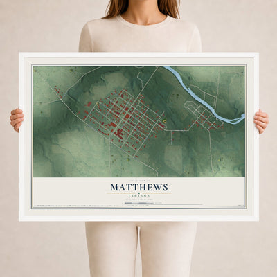Map of Matthews, Indiana, 24 x 36 inch print in a white wood frame