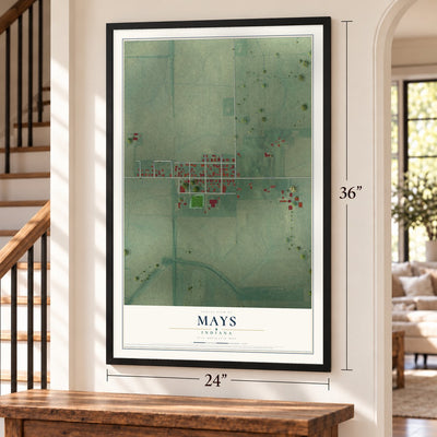 Mays, Indiana map, 24 x 36 inch print in a black frame by a staircase