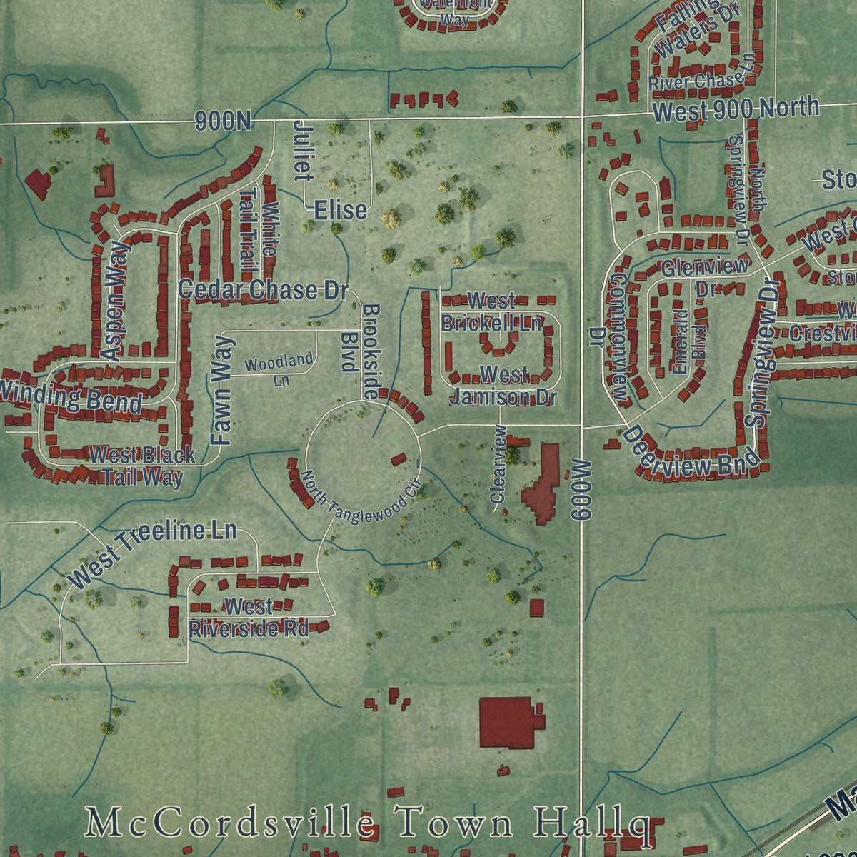 Close-up of the map of McCordsville, Indiana print showing street and building detail
