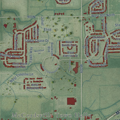 Close-up of the map of McCordsville, Indiana print showing street and building detail