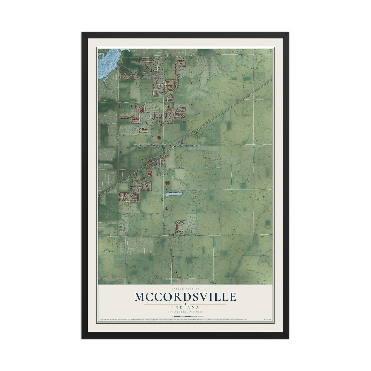 Map of McCordsville, Indiana, 12 x 18 inch print in a black wood frame
