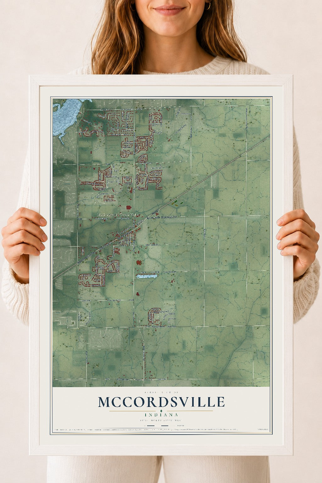 Map of McCordsville, Indiana, 18 x 24 inch print in a white wood frame