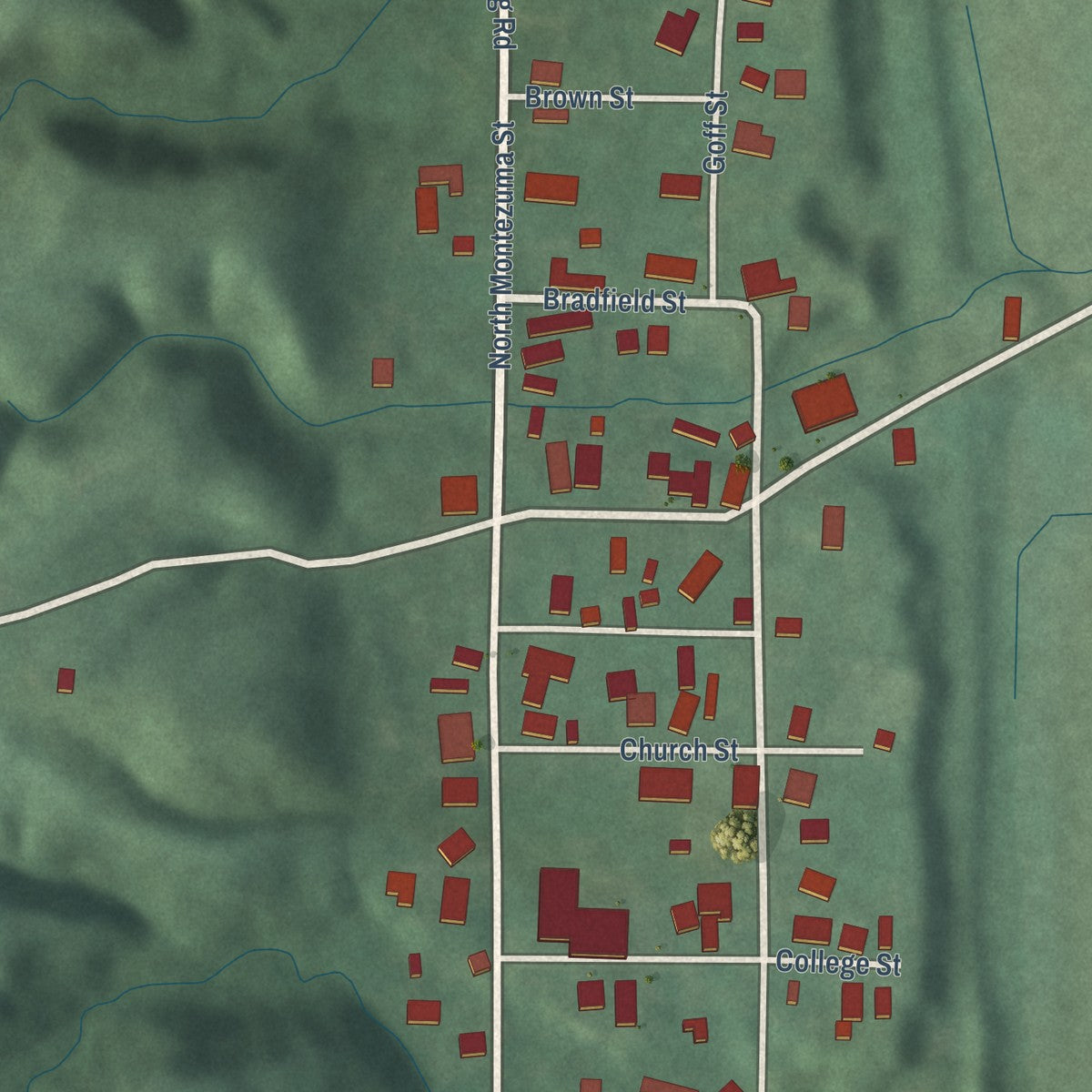 Close-up of the map of Mecca, Indiana print showing street and building detail