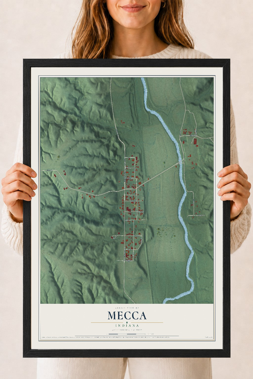 Map of Mecca, Indiana, 18 x 24 inch print in a black wood frame
