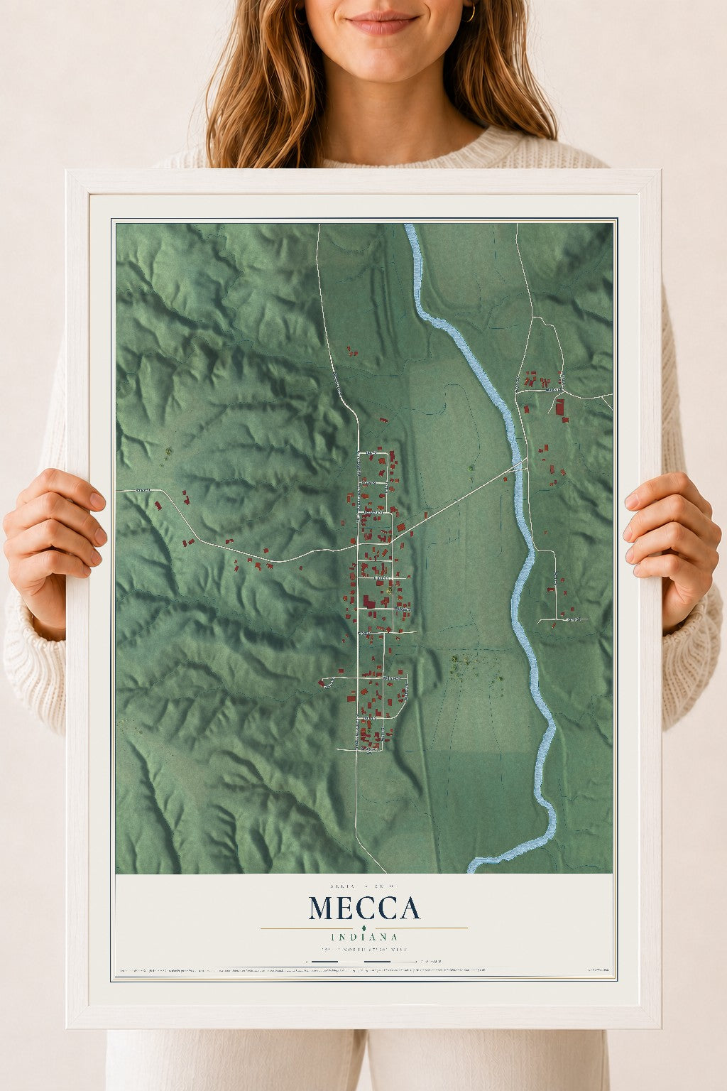 Map of Mecca, Indiana, 18 x 24 inch print in a white wood frame