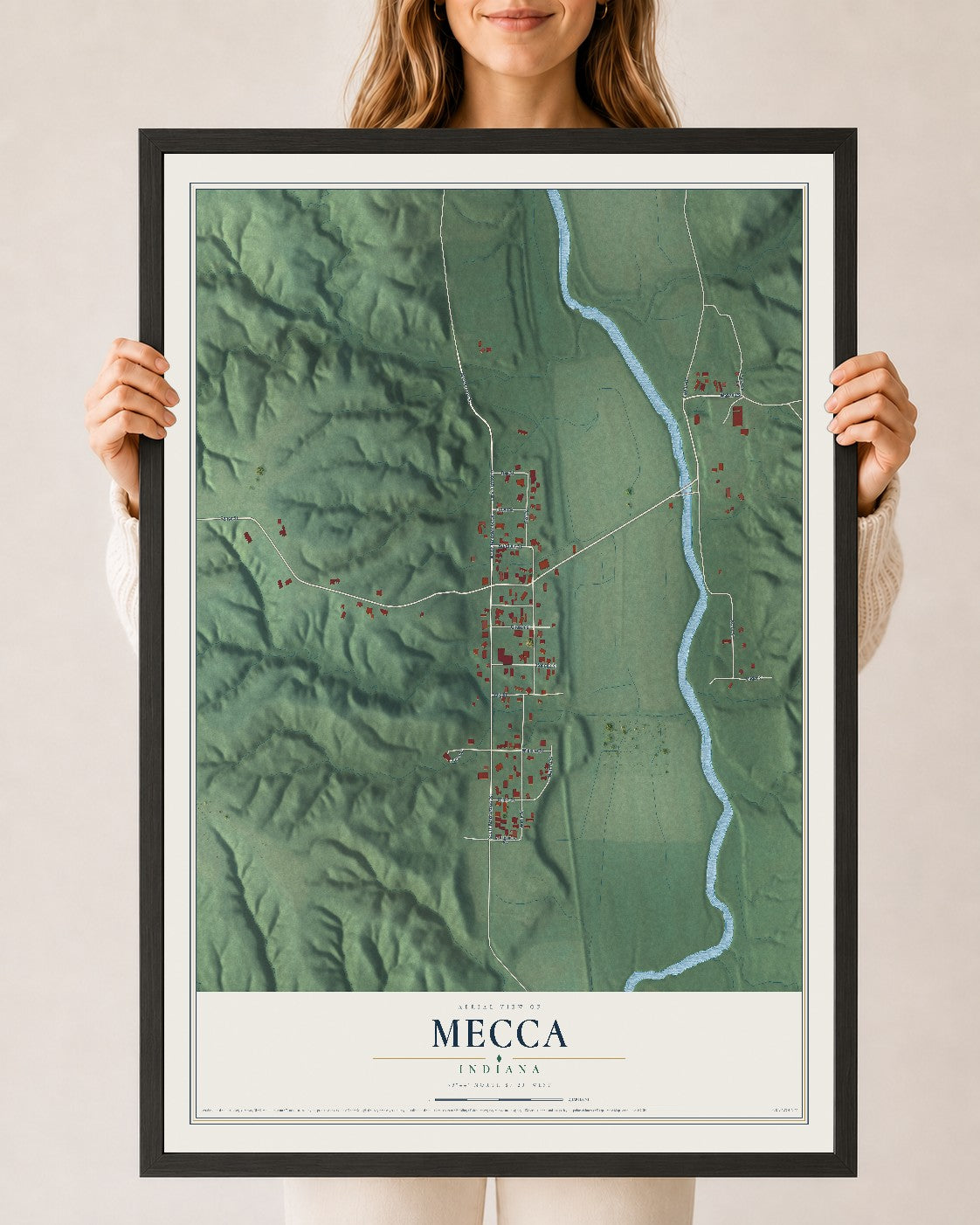 Map of Mecca, Indiana, 24 x 36 inch print in a black wood frame