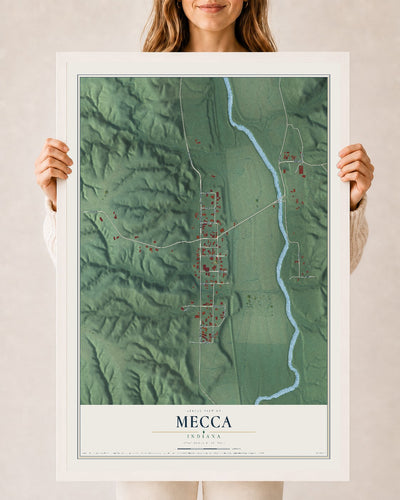 Map of Mecca, Indiana, 24 x 36 inch print in a white wood frame