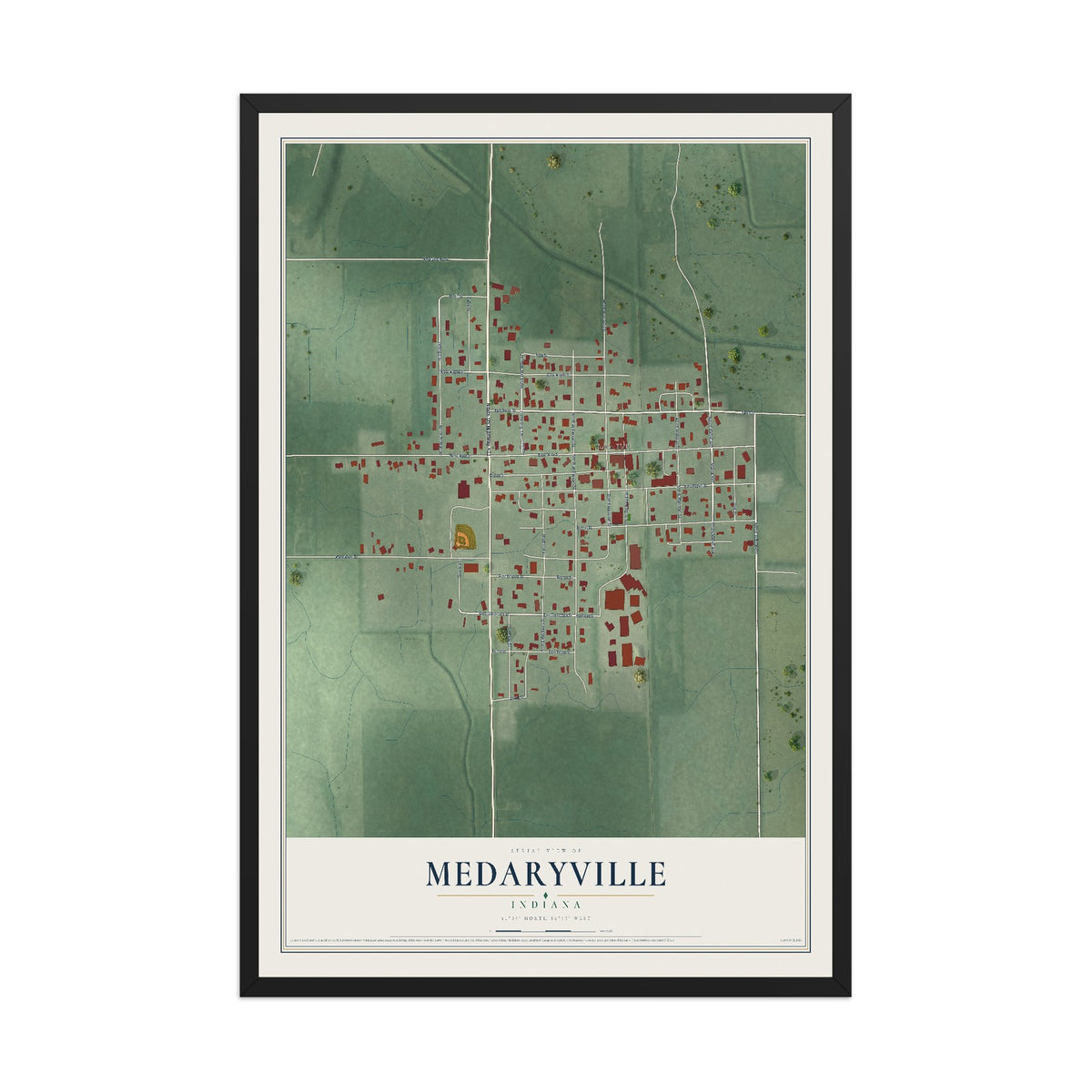 Map of Medaryville, Indiana, 12 x 18 inch print in a black wood frame