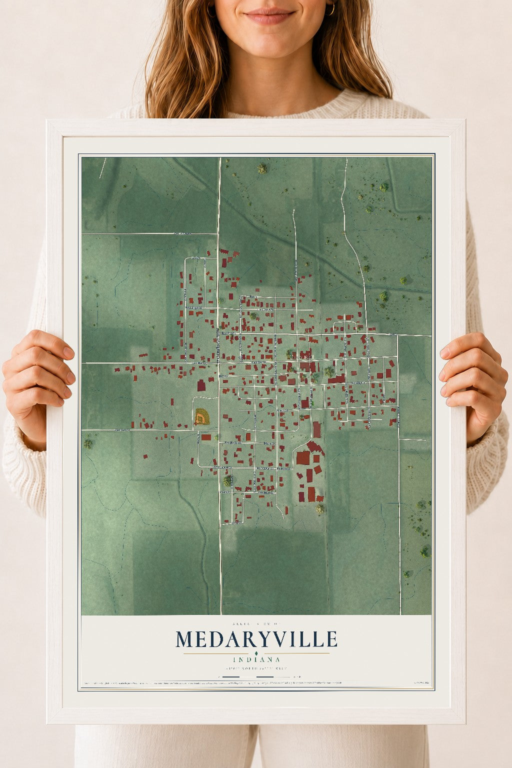Map of Medaryville, Indiana, 18 x 24 inch print in a white wood frame
