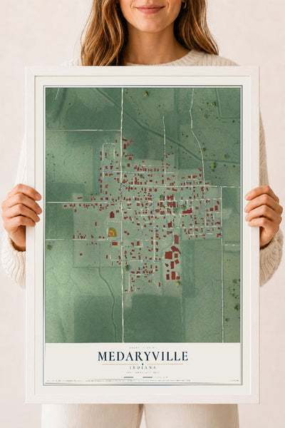 Map of Medaryville, Indiana, 18 x 24 inch print in a white wood frame