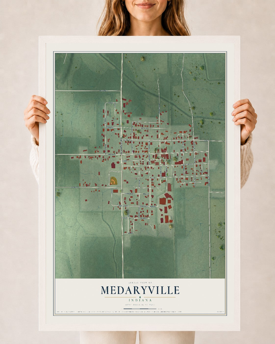 Map of Medaryville, Indiana, 24 x 36 inch print in a white wood frame