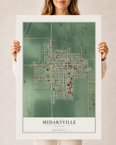 Map of Medaryville, Indiana, 24 x 36 inch print in a white wood frame