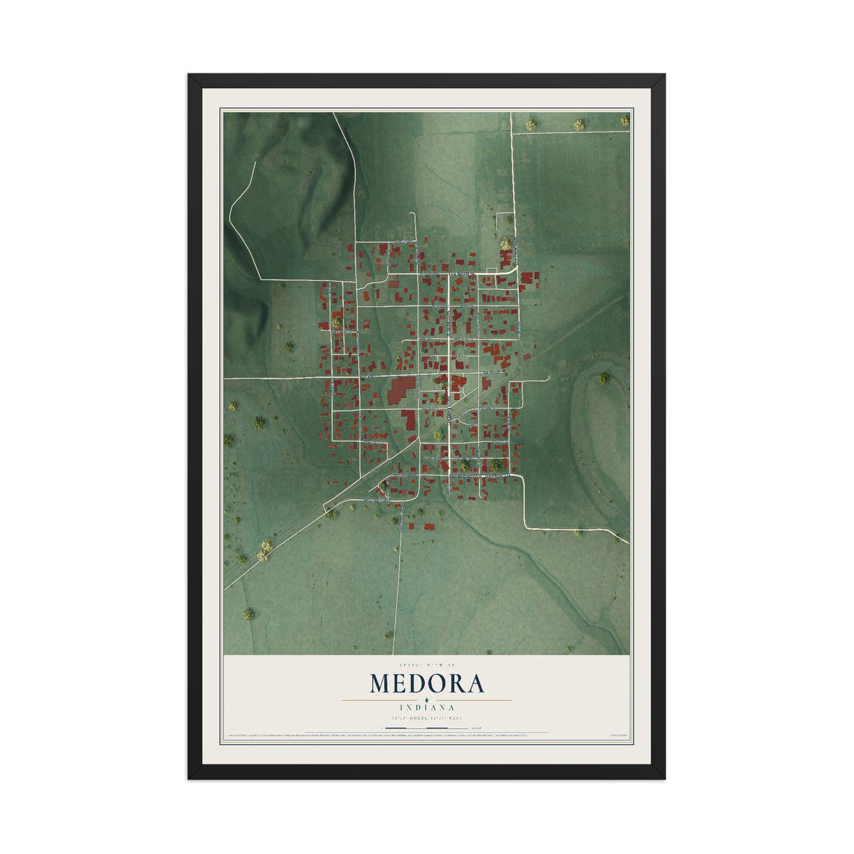 Map of Medora, Indiana, 12 x 18 inch print in a black wood frame