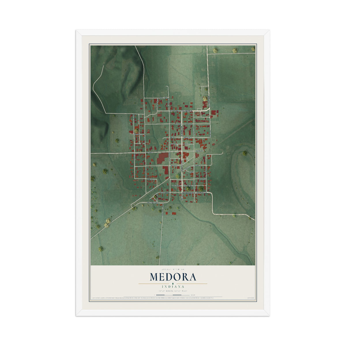 Map of Medora, Indiana, 12 x 18 inch print in a white wood frame