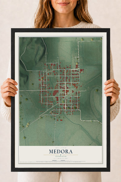 Map of Medora, Indiana, 18 x 24 inch print in a black wood frame
